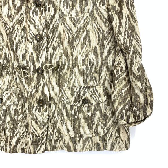 Chicos Jacket Womens Size 1 US M Ikat Print Brown Cream Gold Cinchable Waist - Picture 4 of 5